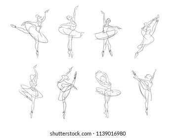 Artistic drawn pictures set of theatrical theme. The ballerina is dancing. Ballerina dancer with tutu, pose woman in ballet, minimalism vector illustration. line minimalism