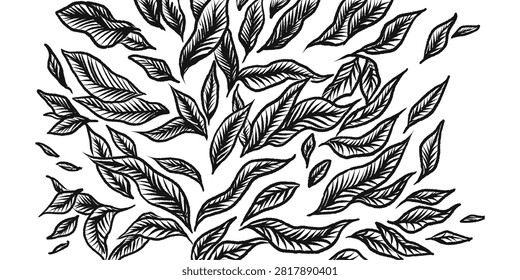 An artistic and dynamic monochrome illustration showcasing an abundance of hand-drawn leaves swirling gracefully in a natural pattern. Styled like classic linocut or ink-and-brush art, this high-contrast botanical graphic captures the organic motion of foliage caught in a gentle autumn breeze. The detailed vein textures and bold black-and-white aesthetic make this illustration perfect for sophisticated wallpaper backgrounds, modern textile prints, packaging designs, and natural health or wellness branding materials.#BotanicalArt #HandDrawnLeaves #MonochromePattern #LinocutIllustration #InkSketch #NatureDesign #FoliageTexture #VectorBackground #GraphicDesign #OrganicPatterns