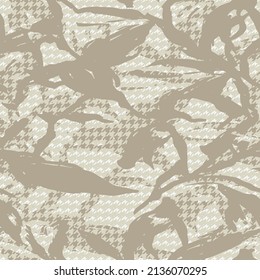 Artistic earth color worn line art floral Abstract seamless pattern houndstooth design. Dog tooth background. Floral fabric sample with watercolor effect. Textile print for duvet cover, jacket