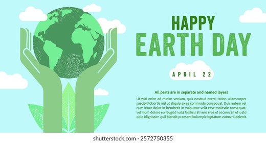 Artistic Earth Day poster featuring hands supporting globe, creatively promoting environmental awareness and importance of taking care of our planet - vector illustration