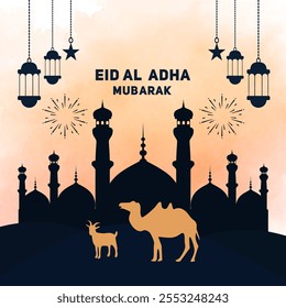 Artistic Eid al adhamubarakIslamic festival with moon and mosque