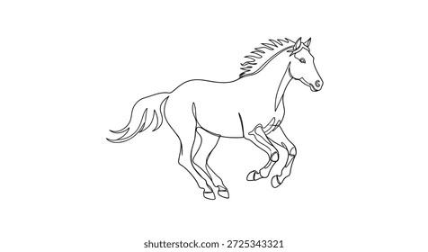 Un dibujo artístico y elegante de una línea continua de un caballo galopando sobre un fondo blanco limpio. Esta obra de arte minimalista captura la libertad y la fuerza de la forma equina, con un
