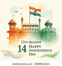 An artistic and elegant vector illustration designed for Indian patriotic celebrations. The composition features a beautifully stylized illustration of the historic Red Fort (Lal Qila) in Delhi, rendered with creative watercolor brush strokes in the patriotic tricolor shades of saffron, white, and green. Atop the monument, the Indian national flag flies proudly from a tall flagpole against a clean, off-white background with soaring birds. The lower portion includes striking typography reading 