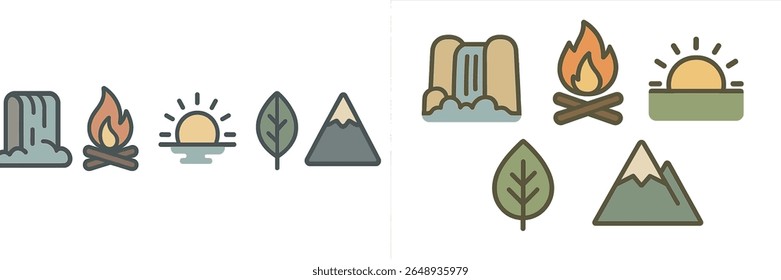 Elementos artísticos retratam cenários ao ar livre com montanhas, cachoeiras, fogo e um pôr do sol. Esses símbolos celebram a natureza e enfatizam o acampamento e a aventura em um ambiente sereno.