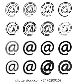Artistic email icons. Abstract at symbols. Vector communication signs. Hand drawn styles.