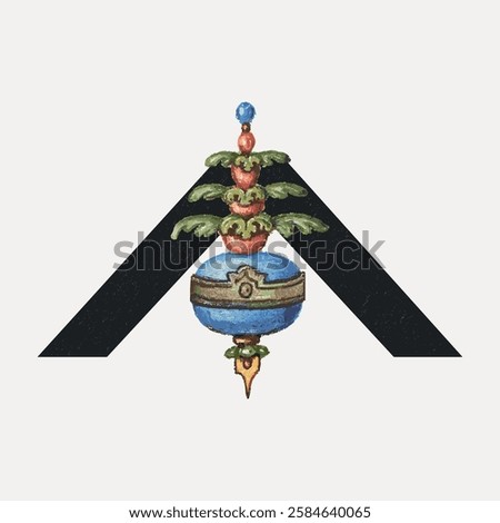 Artistic emblem with a blue orb, green leaves, and red accents. Symmetrical design with geometric elements. Ornate, colorful, and decorative motif. Vintage art illustration, vector.