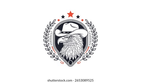 An Artistic Emblem Featuring a Cowboy Hat Wearing Bear Surrounded by Laurel Wreath and Stars in a Stylized Design