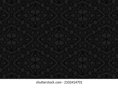 Fondo negro estampado artístico. Patrón geométrico único 3D con elementos hechos a mano. Etnia de los pueblos del Este, Asia, India, México, Azteca. Diseño de portada para la creatividad.