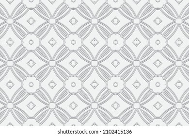 Artistic embossed white background. Decorative geometric 3D pattern with handmade elements. Ethnicity of the peoples of the East, Asia, India, Mexico, Aztec. Cover design for creativity.