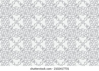 Artistic embossed white background. Openwork geometric 3D pattern with handmade elements. Ethnicity of the peoples of the East, Asia, India, Mexico, Aztec. Cover design for creativity.