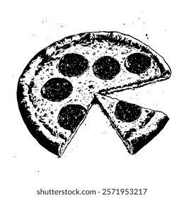 artistic engraving of a pizza design with a slice removed, ideal for fast food and artistic-themed projects