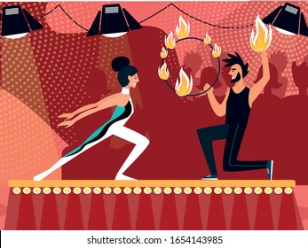 Artistic Entertainment on Stage with Girl Gymnast and Fire Juggler Performing in Duet Cooperation Dancing Together on Scene with Acrobatic Tricks and Fire, Talent Show Cartoon Flat Vector Illustration