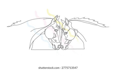 Artistic equine concept showing two horse profiles in minimalist single line design with colorful paint splashes for wall decor.