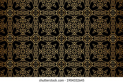 Patrón artístico de oro geométrico en un fondo negro. Textura para adorno, borde, papel pintado, textil.