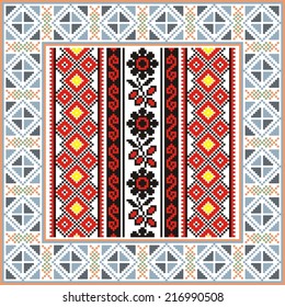 artistic ethnic vector ornament based on cross stitch Ukrainian and Russian masters 