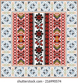 artistic ethnic vector ornament based on cross stitch Ukrainian and Russian masters 