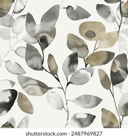 Artistic Eucalyptus Leaf Watercolor Abstract Elegant Scandinavian Design Seamless Pattern Wallpaper Curtain Bedding Background Upholstery Vector 