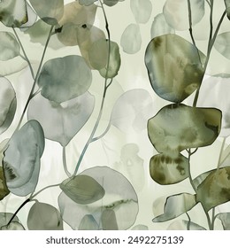 Artistic Eucalyptus Leaf Watercolor Abstract Elegant Scandinavian Design Seamless Pattern Wallpaper Curtain Bedding Background Upholstery Vector 