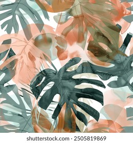 Artistic Eucalyptus Monstera Leaf Watercolor Abstract Scandinavian Design Seamless Pattern Wallpaper Curtain Bedding Background Upholstery Gift Wrapping Paper Vector 