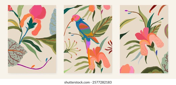 Artistic exotic botanical posters with parrot. Unique template for your design.