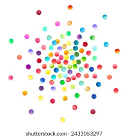 An artistic explosion of colorful bubbles radiating outwards, set against a pure white background for a strikingly joyful visual effect.