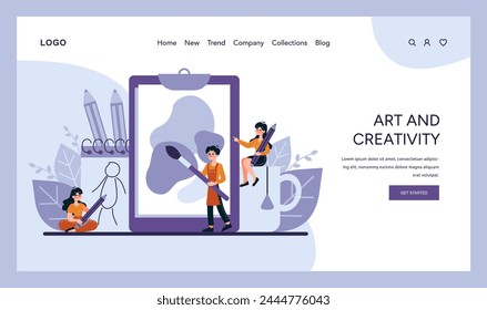 Artistic Expression concept. Artists and creators bring ideas to life with vibrant imagination, surrounded by tools of their craft. Inspiration flows in a studio setting. Vector illustration