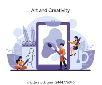 Artistic Expression concept. Artists and creators bring ideas to life with vibrant imagination, surrounded by tools of their craft. Inspiration flows in a studio setting. Vector illustration