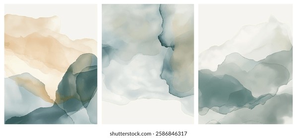 Artistic expression flourishes with calming tones and flowing shapes that evoke serenity and tranquility through a three-panel design, artistic watercolor illustration