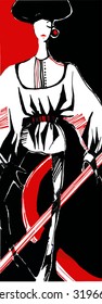 artistic fashion model, vector hand drawn black red and white illustration
