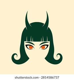 Artistic female character portrait featuring dark green hair, horns, and glowing orange eyes, suitable for gaming avatars, posters, or fantasy-themed branding projects.