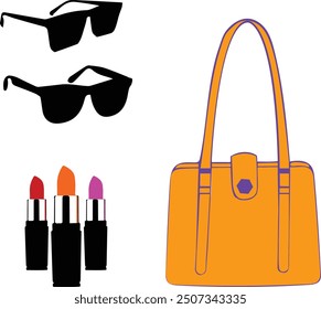 Artistic female Handbag, sunglasses and lipsticks Trio – Female accessories designs and artwork