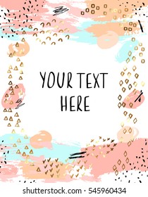 Artistic festive background with hand drawn, gold texture, brush strokes, geometric shapes and elements.