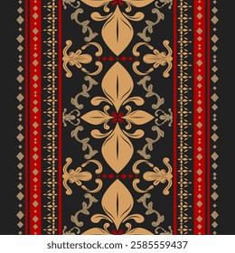 Artistic Fine Art Scroll Ornament Baroque Border Golden Petal and Geometric Element Medieval Detailed Decoration Deep Red and Gold Silk Weaves Beautiful Embroidery Stripe for Luxury Work Haute Couture