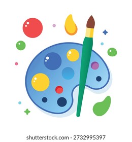 Diseño plano artístico con una paleta de pintura azul que contiene pinturas de colores, acompañado de un pincel verde y salpicaduras de pintura vibrante esparcidas por todo el fondo blanco.