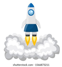 Artistic flat drawing of a spaceship flying in space isolated on white background