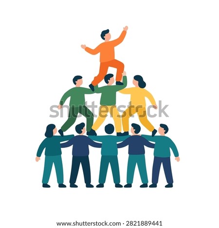 An artistic flat illustration showing Combined Efforts as a diverse team building a human pyramid together to reach their goal through collective support.