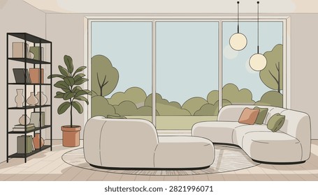 Artistic flat line illustration of a modern luxury living room with curvy white sofas and large forest view window.