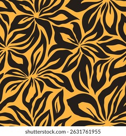 Artistic floral background. Decorative botanical seamless pattern with silhouette shapes of leaves and flowers. Artisanal allover print, vector wallpaper, for fabric, textile, paper, package
