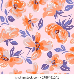 Artistic floral background. Seamless pattern made of abstract peony flowers with blurred petals texture. Summer nature ornament. Large flowers in bloom.