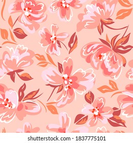 Artistic floral background. Seamless pattern made of abstract peony flowers with blurred petals texture. Summer nature ornament. Large flowers in bloom.