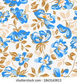 Künstlerisch-floraler Hintergrund. Nahtlose Muster aus abstrakten Blumen mit unscharfem Blütenmuster. Sommernatur-Ornament. Blumen blühen.