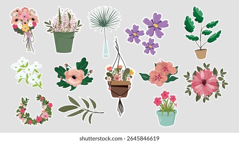 Artistic Floral and Botanical Sticker Collection. A vibrant array of flower, plant, and leaf vector illustrations, including bouquets, potted plants, and decorative elements