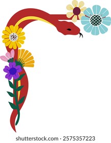 An artistic floral corner frame featuring a red snake intertwined with colorful flowers, suitable for Year of the Snake celebrations. Perfect for invitations, greeting cards, decorative borders.