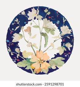 Artistic floral design with a circular pattern. Flowers and leaves create a floral theme. Delicate floral elements in a circular arrangement. Vintage botanical illustration vector.