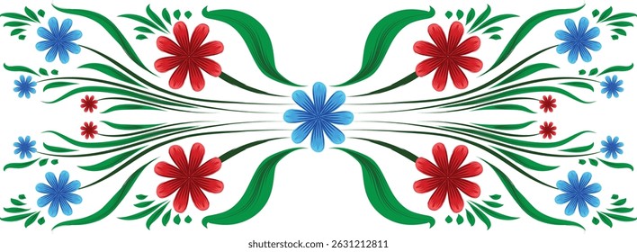 Artistic floral design showing red and blue flowers with flowing green leaves in a balanced symmetrical shape. Great for textiles, greeting cards, wall decor, or digital print templates. Symmetrical