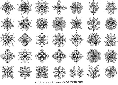 Artistic Floral Extravaganza A Detailed Black and White Botanical Collage Featuring Intricate Flower and Leaf Designs for Creative Projects