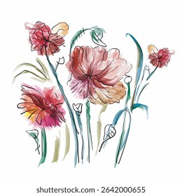 Artistic floral illustrations in a modern, expressive style. Ideal for textile design, decoration, backgrounds, and graphic elements.