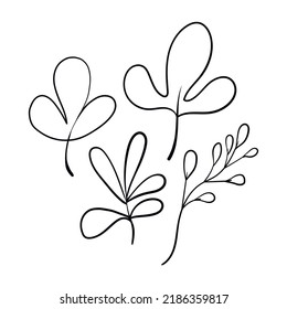 Artistic floral minimalist set. Isolated branch black silhouette. Modern shapes with leaves. Vector illustration.