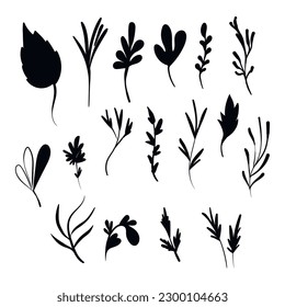 Artistic floral minimalist set. Isolated branch black silhouette. Modern shapes with leaves. Vector illustration.