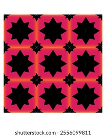 An artistic floral pattern with pink flowers and black background, arranged in a repeating tile format